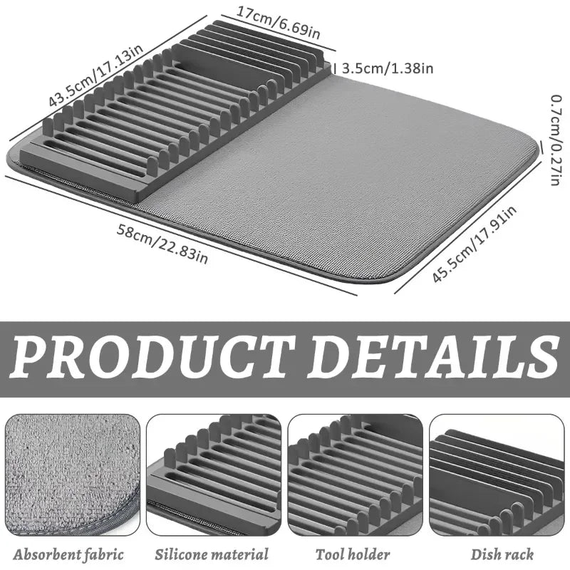 Dish Drying Mat with Drain Rack – Absorbent Kitchen Counter Mat