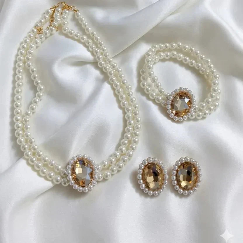 Stone Pearl Combo Jewelry Set – Necklace, Stud Earrings & Bracelet