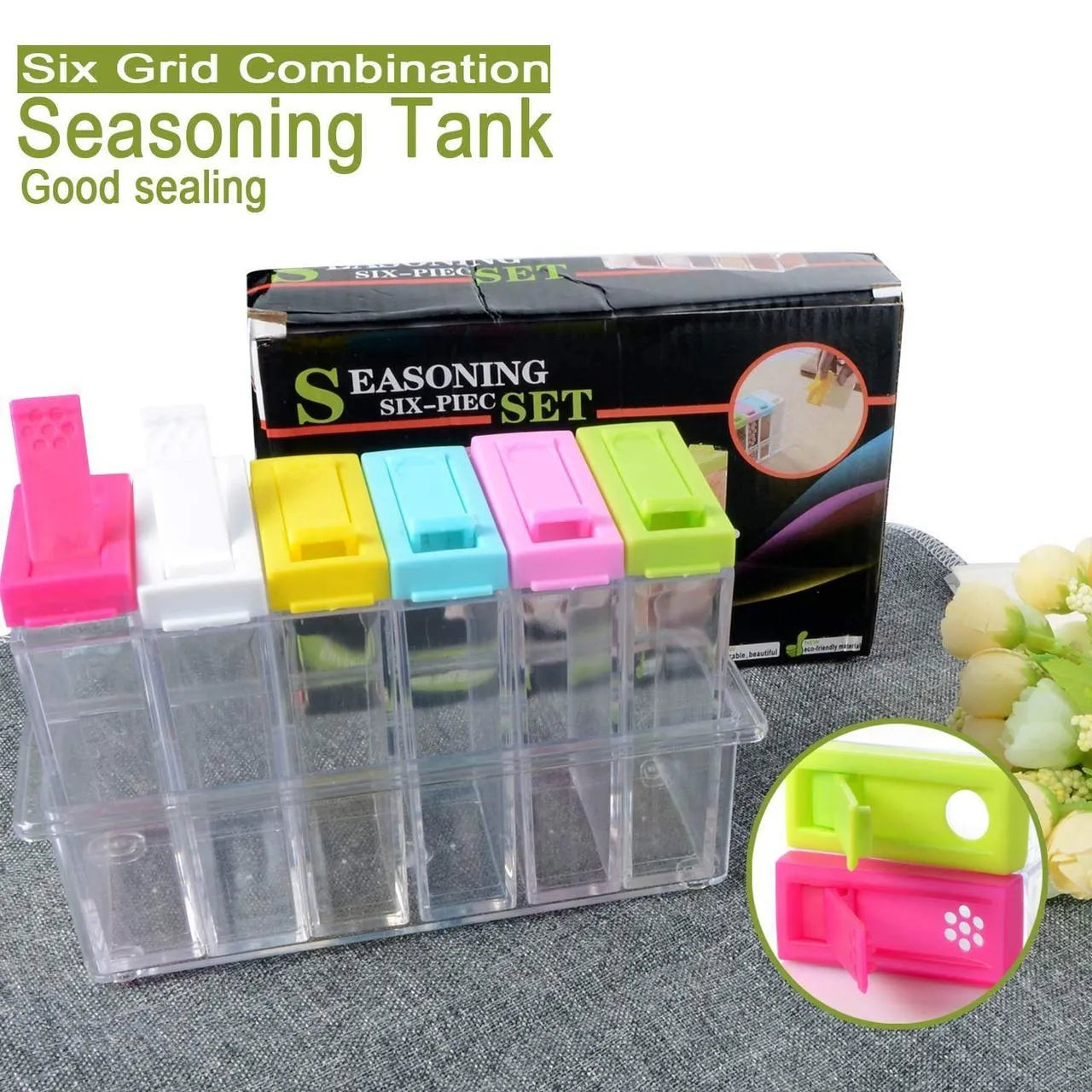 Transparent Spice Jar Colorful Lid Seasoning Box Set of 6pcs