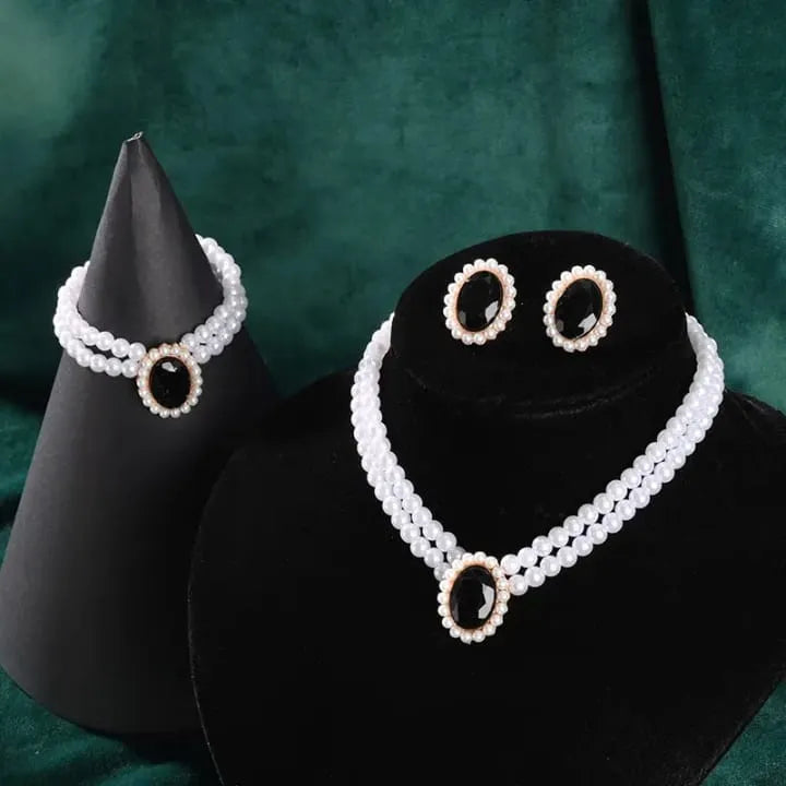 Stone Pearl Combo Jewelry Set – Necklace, Stud Earrings & Bracelet