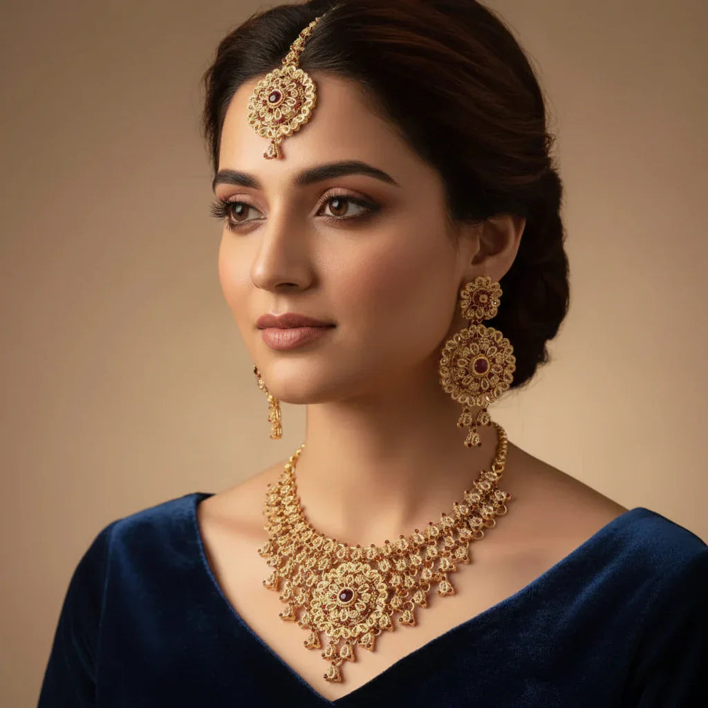Rose Bridal Color Necklace Set with Earrings & Tikka